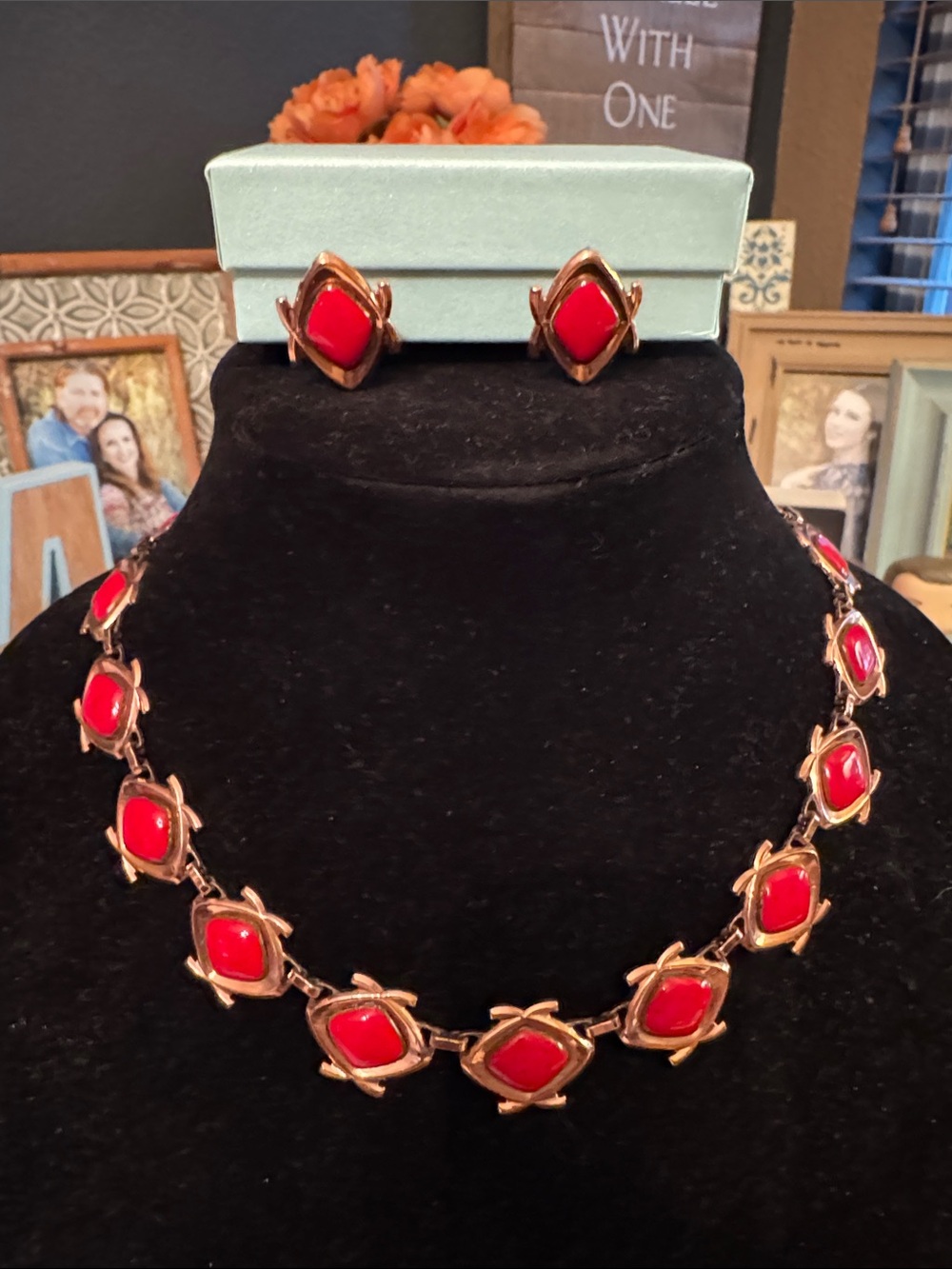 Vintage Renoir Matisse Red Enamel Cooper Necklace and Earrings